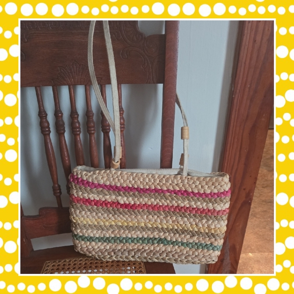 Woven Straw Shoulder Bag with Multicolor Stripes And Wood Bead Accents